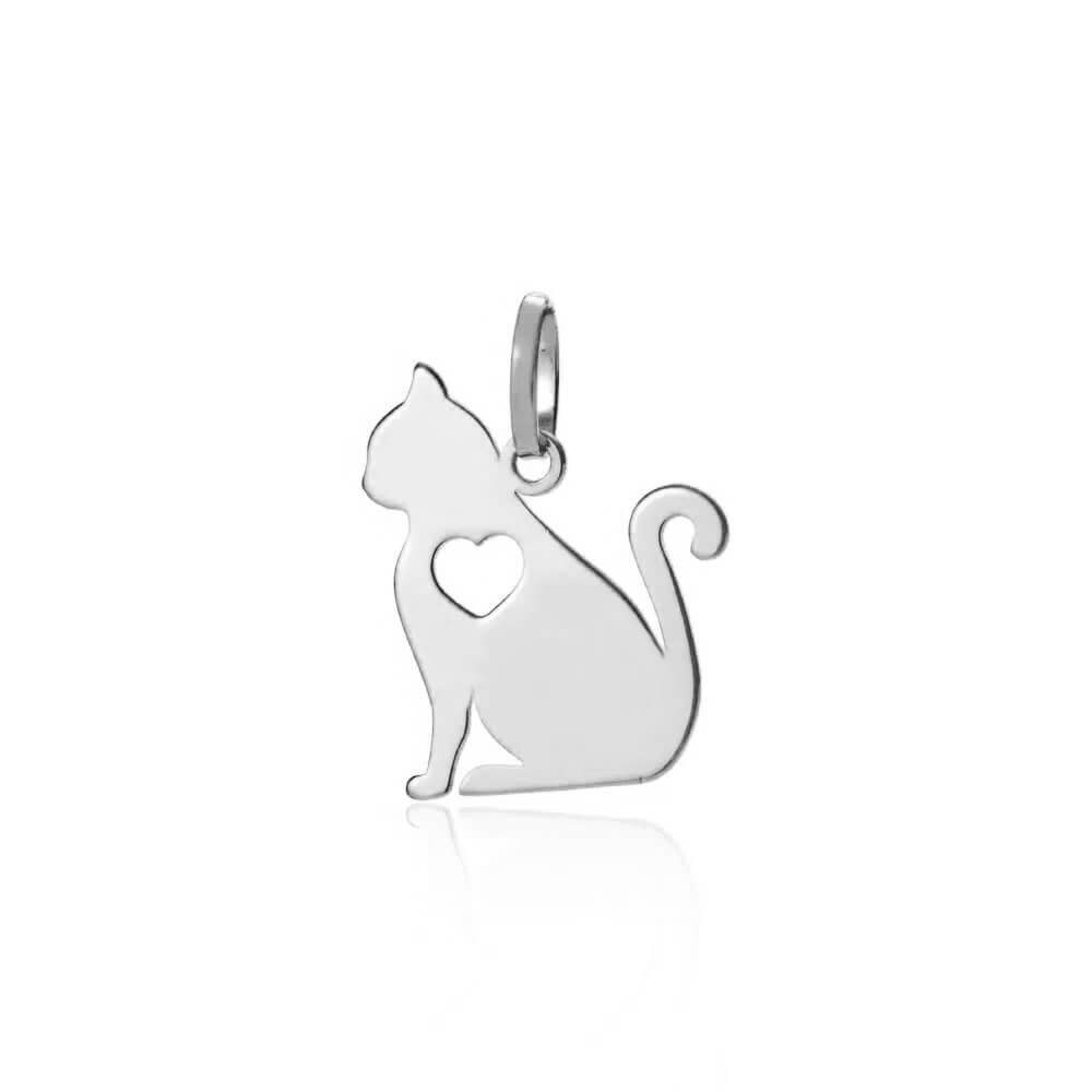 Pingente Gato com Coracao Vazado Prata 950