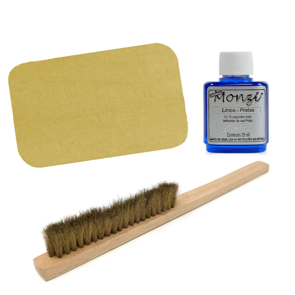 Kit Limpa Joias de Prata Escova de Latao Flanela Magica Monzi