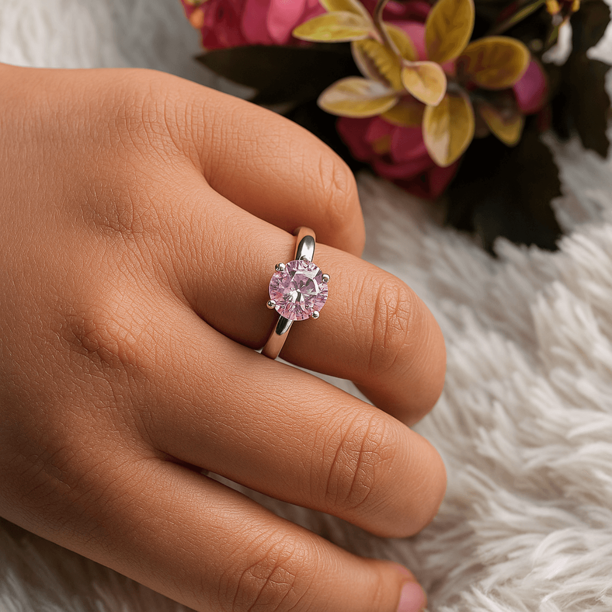 Anel de Prata 950 com Pedra Rosa