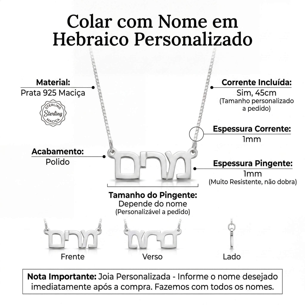 Colar com Nome Hebraico Personalizado em Prata Legitima 925