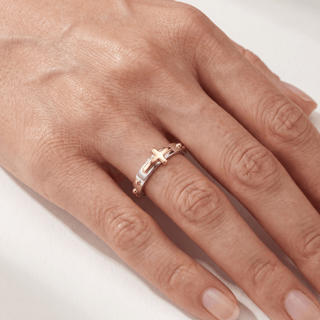 Anel Terço Prata 925 Cruz e Dezena em Ouro 18k 750
