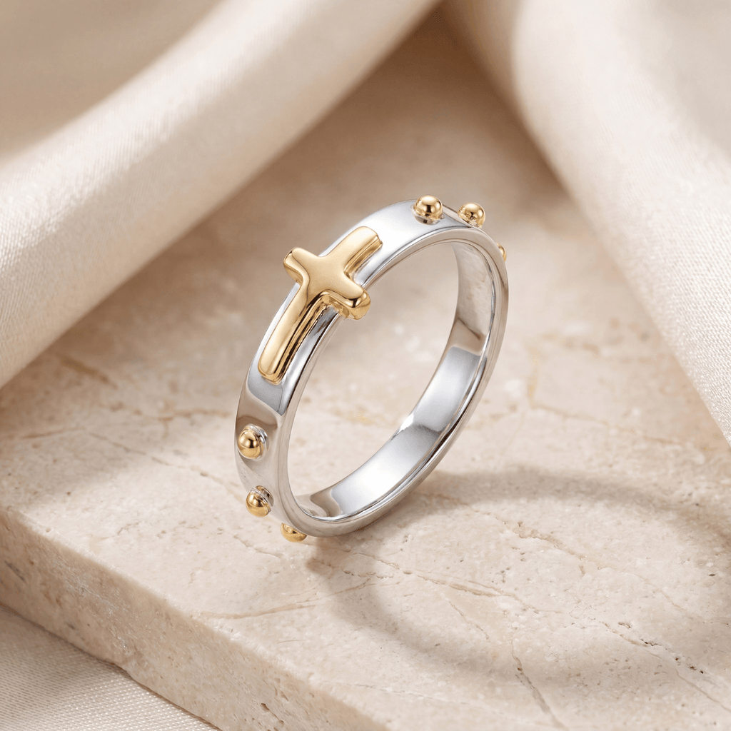 Anel Terço Prata 925 Cruz e Dezena em Ouro 18k 750