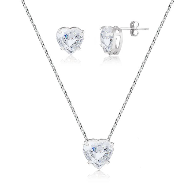 Conjunto Colar e Brinco de Coração com Pedra Zirconia Branca em Prata 925