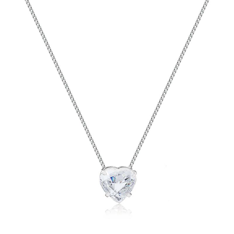 Conjunto Colar e Brinco de Coração com Pedra Zirconia Branca em Prata 925