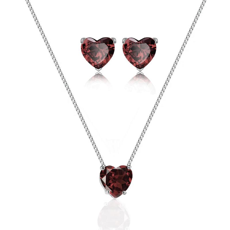 Conjunto Colar e Brinco de Coração com Pedra Zirconia Granada em Prata 925